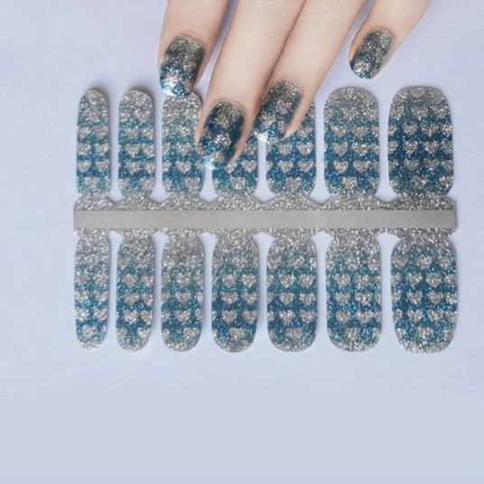 blue silver glitter hearts valentines day nail polish wrap stickers