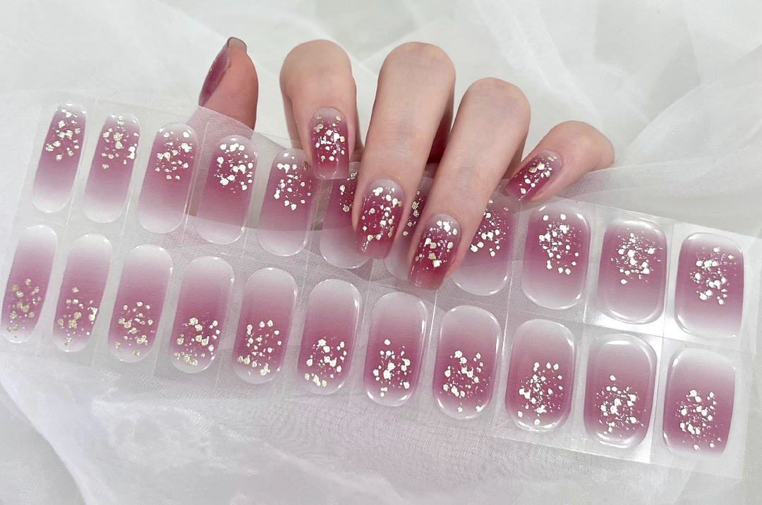 pink and silver flake semicured gel nail wrap manicure